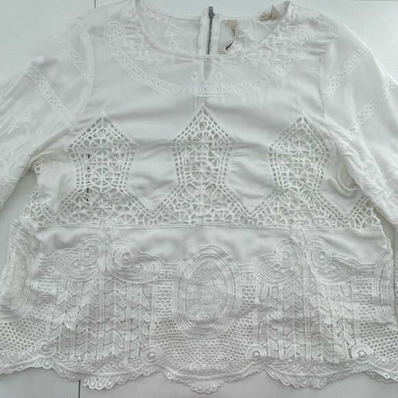 Soft Surroundings PM Petite Arlette Blouse Crochet Lace Embroidered Bell Sleeve - Picture 7 of 16